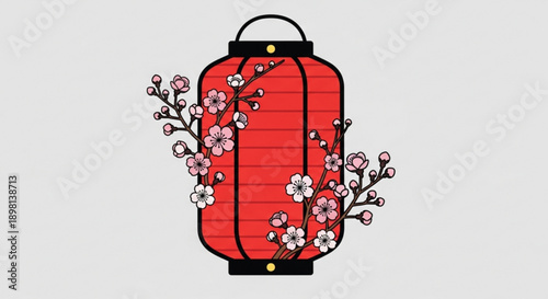 Red Japanese Lantern with Cherry Blossoms Isolated on White Background