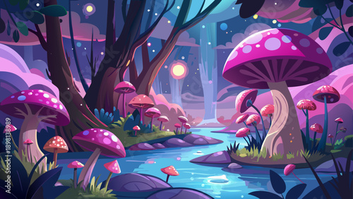 Very beautiful magical fantasy forest illustration with giant pink mushrooms glowing like lanterns beside a moonlit lake, blooming roses along the shore, creating an enchanting fairytale atmosphere.
