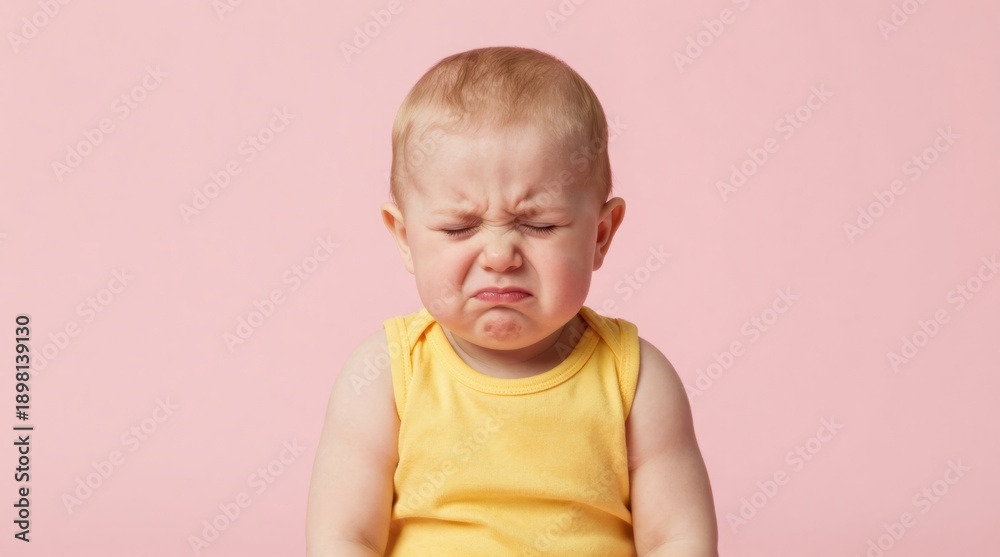 Naklejka premium Crying Baby Portrait: Displeased Toddler Boy in Yellow Outfit Expressing Negative Emotions on Pink Background