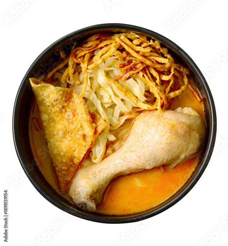 Khao Soi Kai, Thai Noodles Khao Soi Chicken isolated on white background ,Thai food,Northern Thai food concept. (Lanna food)