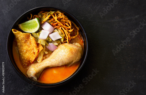 Khao Soi Kai, Thai Noodles Khao Soi Chicken,Thai food,Northern Thai food concept. (Lanna food)