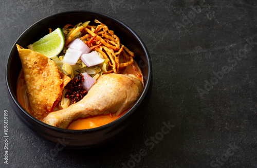 Khao Soi Kai, Thai Noodles Khao Soi Chicken,Thai food,Northern Thai food concept. (Lanna food)