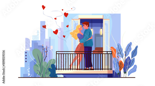 Couple embracing romantic city balcony hearts plants urban love scene modern apartment colorful foliage