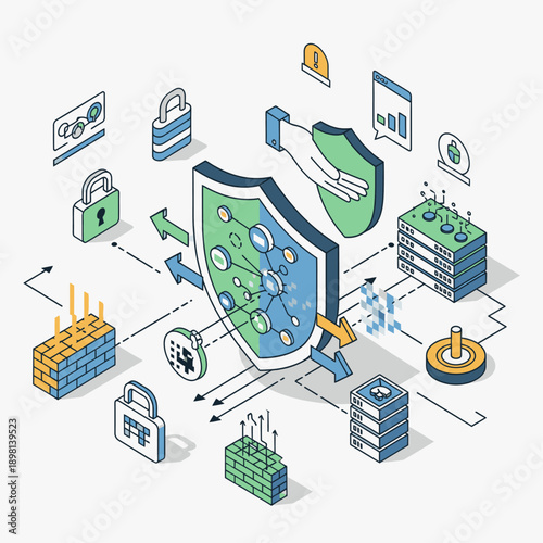 Cybersecurity Protection Concept with Shield and Data Storage.