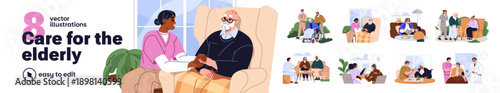 Nursing home life set. Volunteers care for the elderly. Caregivers help old people. Carers assist senior men and women with disabilities in hospital. Flat isolated vector illustrations on white