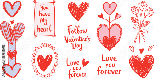 Set of romantic greeting card designs in hand sketch style with hearts, paws and flowers in vase for Valentine's Day celebration, vector illustration