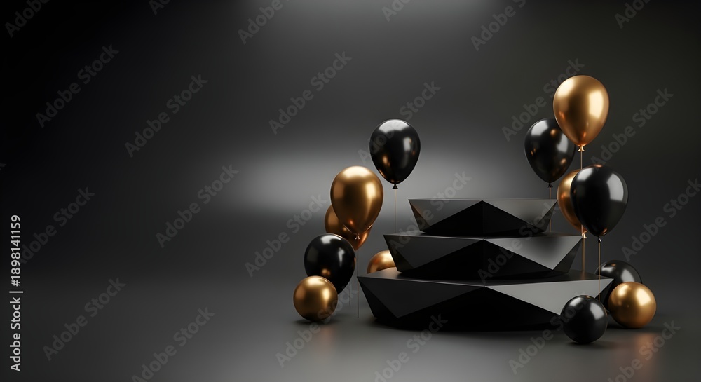 Obraz premium Black and gold balloons and geometric shapes on a dark background for event.