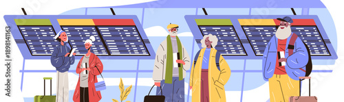 Active seniors airport travel elderly people luggage terminal flight information colorful modern background travel concept