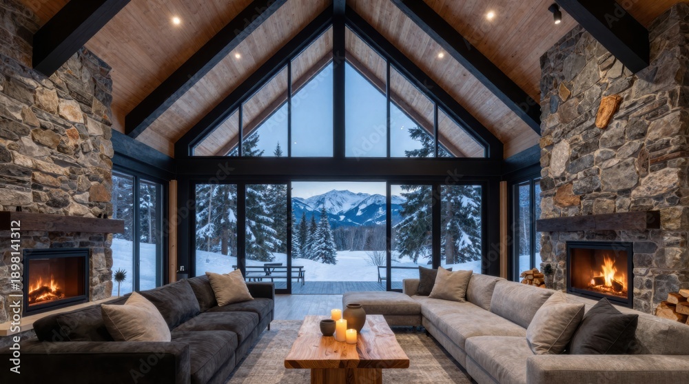 Obraz premium Luxurious Mountain Home Interior with Fireplaces, Vaulted Ceiling, and Snowy Landscape Views