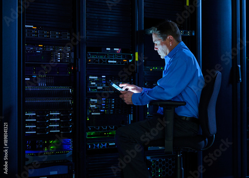 Man using digital tablet in data center