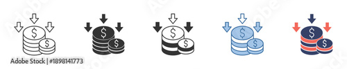 Dynamic financial flow concept icon collection featuring coin stacks with up and down arrows, symbolizing income, expenses, profit, loss, and overall economic performance