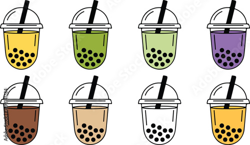 Cute Bubble Tea Cup Line Art Set with Boba Pearls and Trendy Drink Style