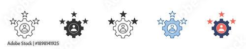Icon set for high-quality performance rating, employee skill assessment, and professional development, featuring a gear, person, and stars, symbolizing excellence and achievement