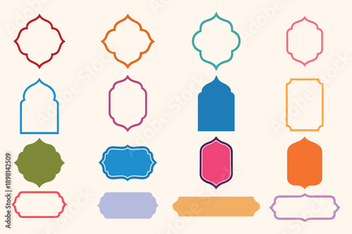 Islamic colorful ornamental decorative frame set with Islamic Eid arch shapes vector bundle

