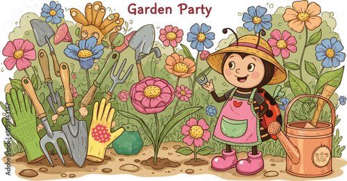 Cute garden party illustration with happy child, flowers and gardening tools in colorful cartoon vector style for kids, spring and nature design