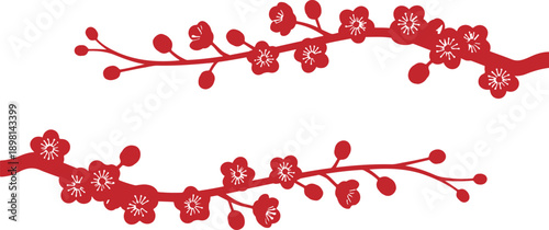Cherry Blossom Sakura Branch Line Art Illustration with Traditional Japanese Spring Flowers