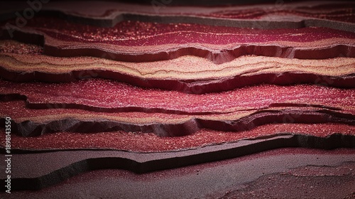 Striking tropical red earth with exposed mineral layers. Focus on the contrast of vivid red soil and distinct bauxite banding for design or study