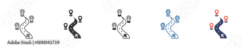 Vector icons depicting a winding path marked with multiple location pins, illustrating a journey, multi-stop route, or comprehensive travel navigation for various mapping applications