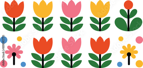 Cute Scandinavian Flower Line Art Sticker Set with Folk Floral Elements for Spring