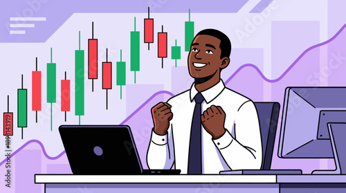Successful Black Businessman Celebrating Stock Market Gains. Professional Trader Watching Candlestick Chart Growth and Investment Victory.
