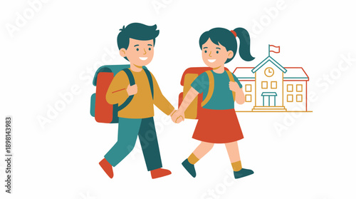 Back to School Illustration: Happy Students (Boy and Girl) Walking Together Holding Hands with Backpacks to the Elementary Building.