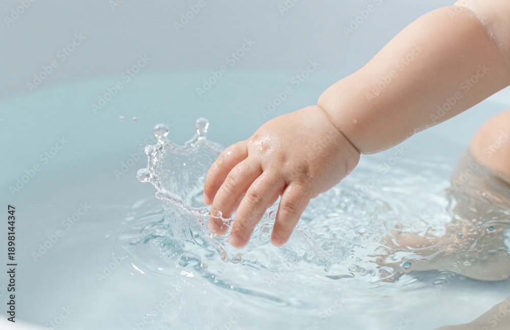 Fototapeta premium Close-up of a tiny baby hand gently touching pure water, creating a sparkling splash and radiating droplets during bath time.