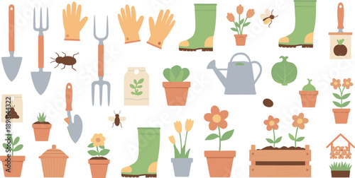 Gardening tools and plants icon set with flowers, pots, gloves and watering can in flat vector style for spring garden design