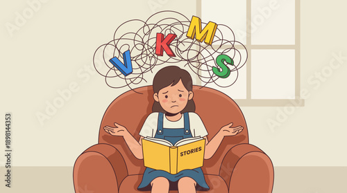 Confused Little Girl Struggles with Reading or Dyslexia. Conceptual Illustration of a Child Student Experiencing Learning Difficulty, Information Overload, and Literacy Frustration.