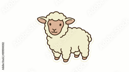 Adorable Cartoon Sheep Sticker. Cute Kawaii Lamb Doodle Illustration. Fluffy Farm Animal Graphic Element on White.