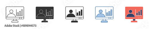 Dynamic Digital Learning and Business Analytics Icon Set for Online Presentations, Virtual Meetings, and Remote Education with Data Visualization on Monitor Screens