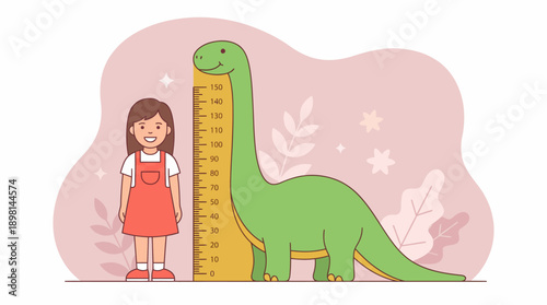 Cute Dinosaur Height Chart for Kids. Young Girl Tracking Growth and Development. Nursery Decor Vector Illustration.