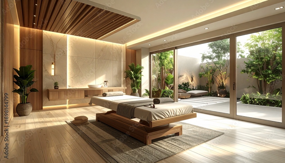 Fototapeta premium Serene Spa Retreat - Tranquil Massage Room with Garden View.