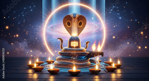 Shivling maha shivaratri sacred snake worship with glowing lamps cosmic spiritual energy hindu festival devotion meditation culture background