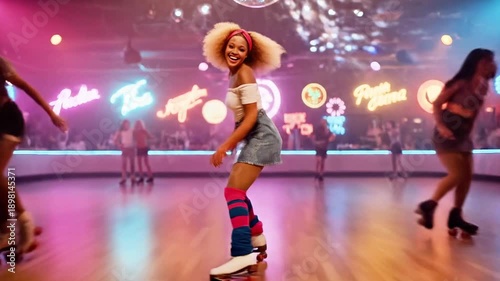 A young girl with curly hair wearing a white t-shirt, jean skirt, and colorful knee-high socks roller skates on a wooden floor with other people