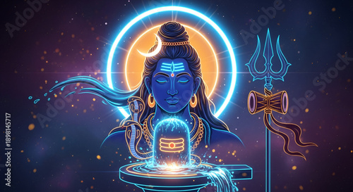 Shiva divine meditation hindu god maha shivaratri spiritual illustration with glowing shivling om energy trident devotion culture festival background art