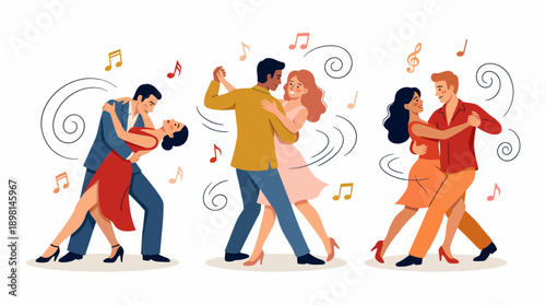 Passionate Couples Dancing Illustration Set: Ballroom, Tango, and Social Dance with Musical Notes and Dynamic Movement
