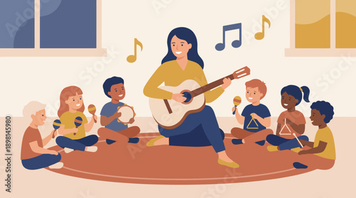 Diverse Preschool Children in Music Class. Teacher plays guitar while kids play percussion instruments (maracas, tambourine, triangle). Early learning illustration.