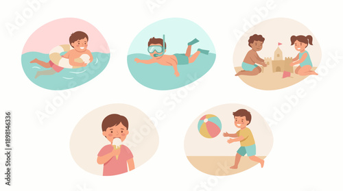 Summer Fun Kids Activities Collection: Children Swimming, Snorkeling, Building Sandcastles, Playing Ball, and Eating Ice Cream.