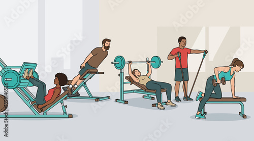 Diverse People Doing Strength Training in Modern Gym Illustration. Workout routines including leg press, bench press, and dumbbell rows.