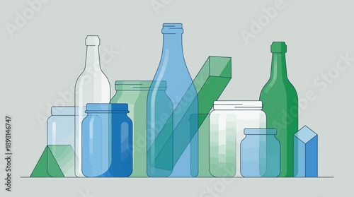 Glass Recycling Collection Concept. Eco-Friendly Vector Illustration of Bottles and Jars for Waste Sorting and Sustainability.