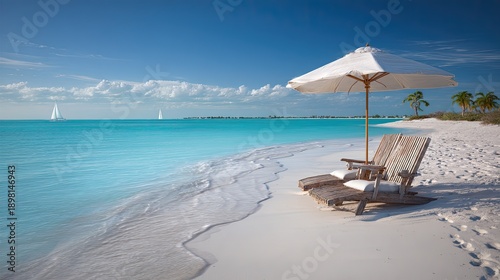 Tropical Beach Scene With White Umbrella And Wooden Chairs