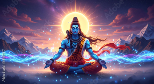 Maha shivratri Shiva meditation art showing divine energy spiritual calm Himalayan mountains cosmic light for religious festival design branding decor and creative use