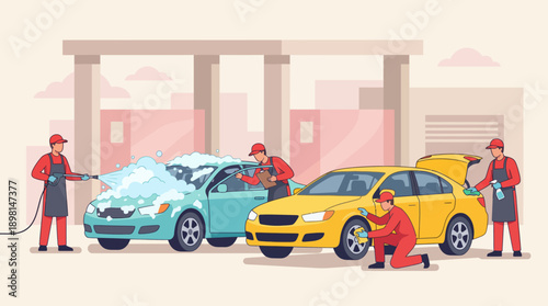 Professional Car Wash and Auto Detailing Service Illustration. Workers Cleaning Vehicles with Foam and Wiping Rims at Service Station.