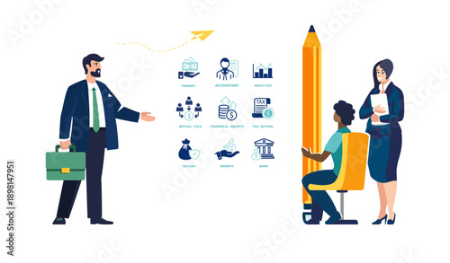 Businessman with briefcase and workers man and girl analyzing business, business icons, people. Financial market, icons. Investor money, investment growth financing. Design, banner. Vector illustratio
