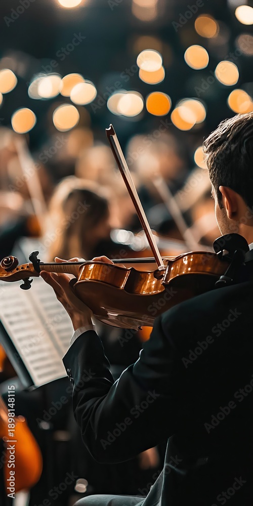 Fototapeta premium Elegant Classical Music Performance with Violinists Raising Bows in a Serene Orchestral Setting