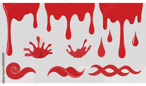 Realistic berry sauce and strawberry jam drips vector set isolated on transparent background