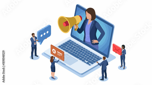 Isometric Digital Marketing and Promotion Strategy. Woman with Megaphone on Laptop Screen Leading Online Business Communication.
