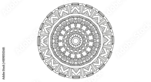 Intricate Geometric Mandala Design with Radial Symmetry and Repeating Patterns.