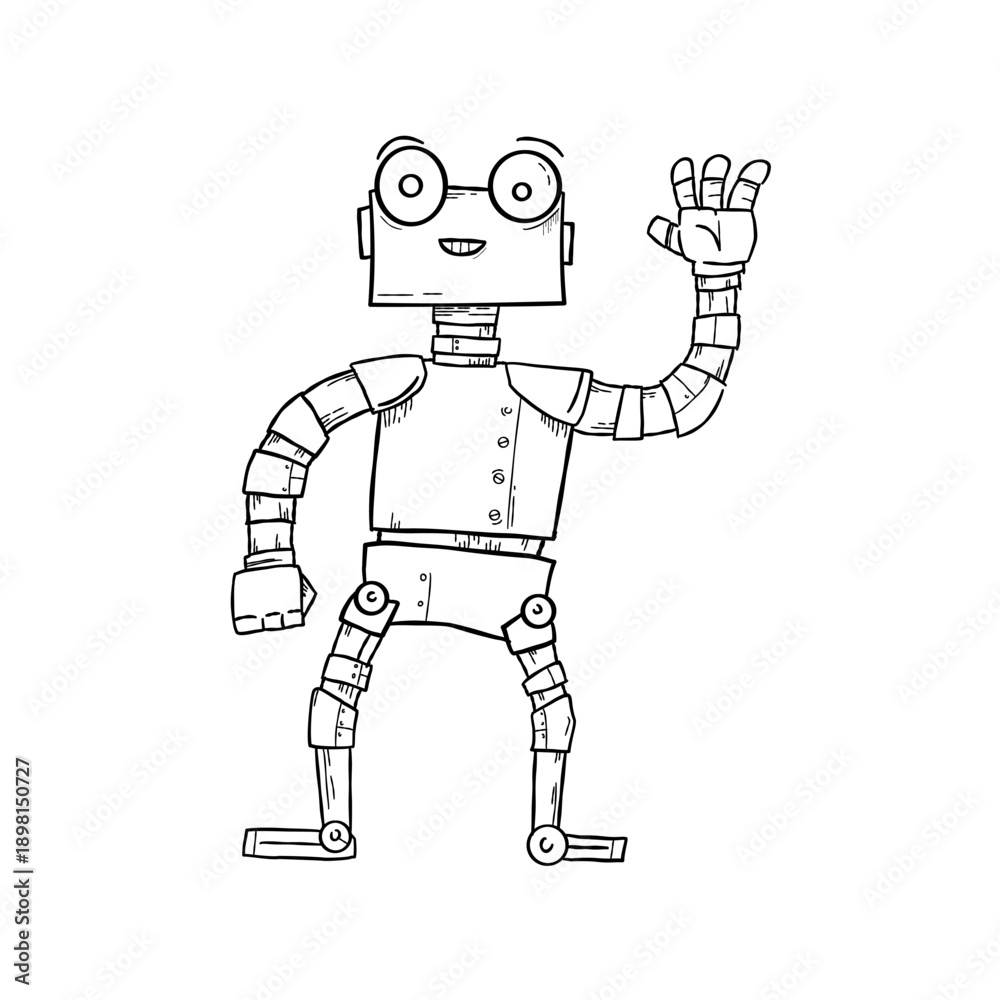 Naklejka premium Friendly robot waving hand, cute cyborg character in doodle style, vector illustration