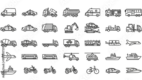 Collection of Various Vehicle Icons and Symbols.